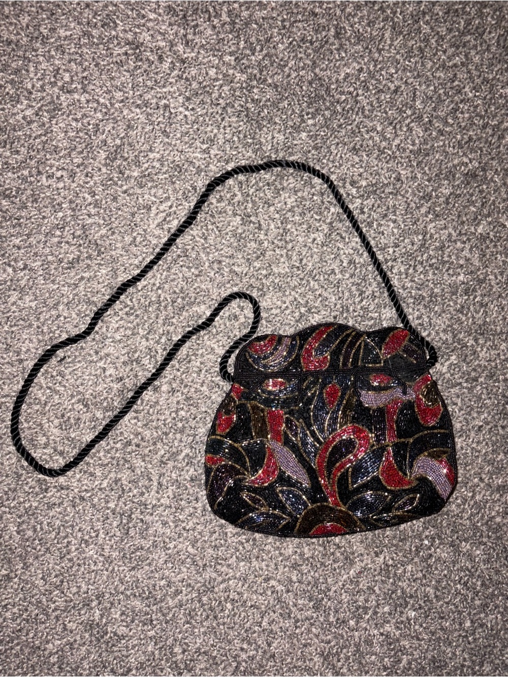 La Regale Black Beaded Crossbody with Red and Purple Paisley Accents